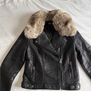 Topshop Black Leather Jacket with Tan Faux Fur Collar